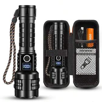 1pc Portable Flashlight, Aluminum Alloy High Brightness, 5 Brightness Modes, Adjustable Zoom, Smart Battery Display, Long Press To Turn Off, Type-C Charging, Power Bank Function, Suitable As Christmas, Carnival, Halloween Gift