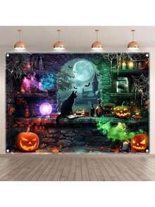 Happy Halloween Background Cloth - High Definition Polyester Fiber Witch And Ghost Castle Theme, With Moon, Ghost, Pumpkin, Bat, Purple Green Potion, Black Cat - Multicolor - View 1