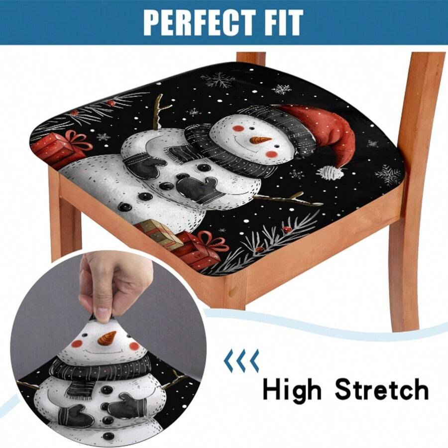 1/4/6/40 pièces Housse de chaise amovible et extensible en fibre de lait avec imprimé bonhomme de neige de Noël, avec chapeau de Père Noël, écharpe, gants, flocons de neige, branches de pin, motifs de boîte-cadeau rouge. Convient pour la salle à manger, la cuisine, le restaurant, l'hôtel. Coussin de siège amovible et doux.
