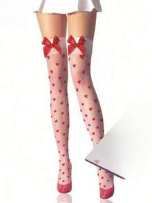 Cute Big Red Bow Heart Print Stockings, High Stockings - 白 - 查看 3