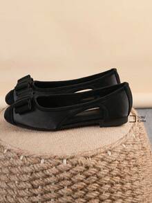 Women's Ballet Flats, Fashionable Square Toe Slip-On Soft Bottom Shoes, Versatile Flat Shoes, Black Hollow Flat Bowknot Loafers, Size Run Large, Plus Size 35-43