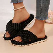 Womens Slippers Open Toe Indoor Memory Foam Slide Cross Band Outdoor - Black - View 7