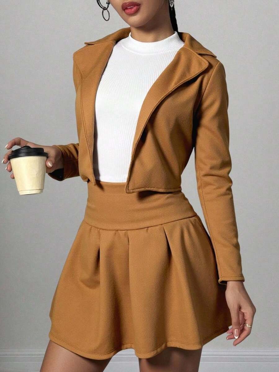 Set de 3 pzs falda y chaqueta corta con solapas en tela de gamuza - Marrón Mocha - Ver 1