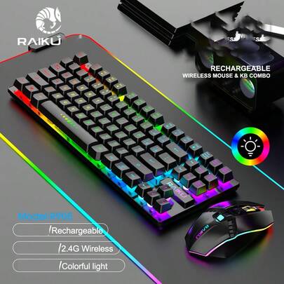 Wireless Backlit Keyboard And Mouse Set, Colorful Office/Gaming/E-Sports 87-Key Rechargeable Keyboard With 2000mAh + 500mAh Battery
