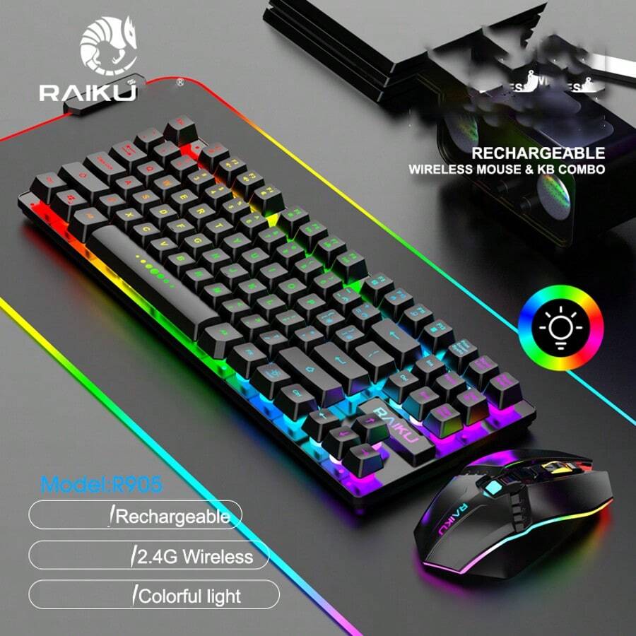 Wireless Backlit Keyboard And Mouse Set, Colorful Office/Gaming/E-Sports 87-Key Rechargeable Keyboard With 2000mAh + 500mAh Battery - Black - View 1