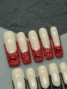 CrystalHola Unhas de Halloween: 10 peças de unhas postiças artesanais, extra longas, estilo balé, base de cor sólida com diamantes tridimensionais vermelhos e pretos, muito brilhantes, adequadas para participar de festas, festivais de música e outras atividades. É a primeira escolha para meninas e mulheres darem presentes.