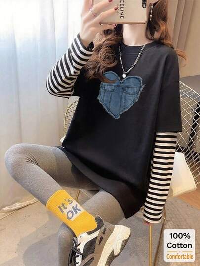 二合一条纹棉质长袖T恤，宽松休闲卡通印花女上衣