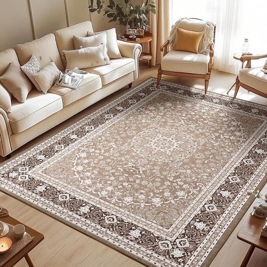 Washable Area Rug 5x7 - Soft Faux-Wool Area Rug Living Room Bedroom, Boho Vintage Floral Medallion Non-Slip Low Pile, Pet Friendly, Blue White - 棕色白色 - 查看 1