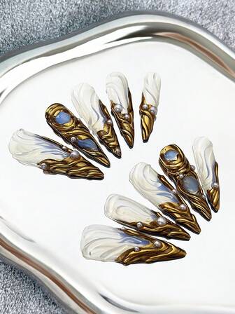 Extra långa 45 mm stilettnaglar handgjorda press-on-naglar med flerfärgade toppar, pärldetaljer, cat eye-spegelpuder i ombre-mönster, handmålade konstnärliga mönster och kreativa 3D-designer - heltäckande DIY-glänsande konstnaglar, lösnaglar för fester, speciella evenemang, bröllop, sammankomster och firanden - 10 st/påse