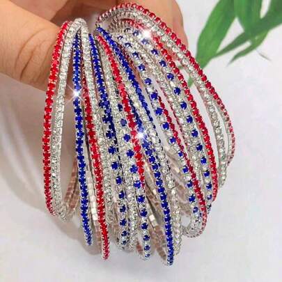 10pcs Bohemian Red, White & Blue Rhinestone Stretch Bracelets Women/ Men Silvery Plated Copper Elastic Bangles Exquisite Shiny Handmade Sparkling Rhinestone Multi-Layer Bracelets Minimalist Vintage Stackable Wristband Set