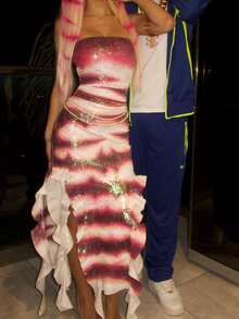 Women Summer Long Bandeau Dress Off Shoulder Strapless Slim Striped Tube Top Dress