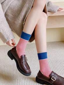 Random 5/3/1 Pair Of Women's Color-Blocked Striped Mid-Tube Socks, Multi-Color Splicing, Versatile Fashion Sports Socks, Contrast Cuff Striped Socks, Women's Socks, Casual Long Tube Tassel Socks (Due To The Lighting And Angle When Shooting, The Actual Product May Have A Slight Color Difference From The Picture)