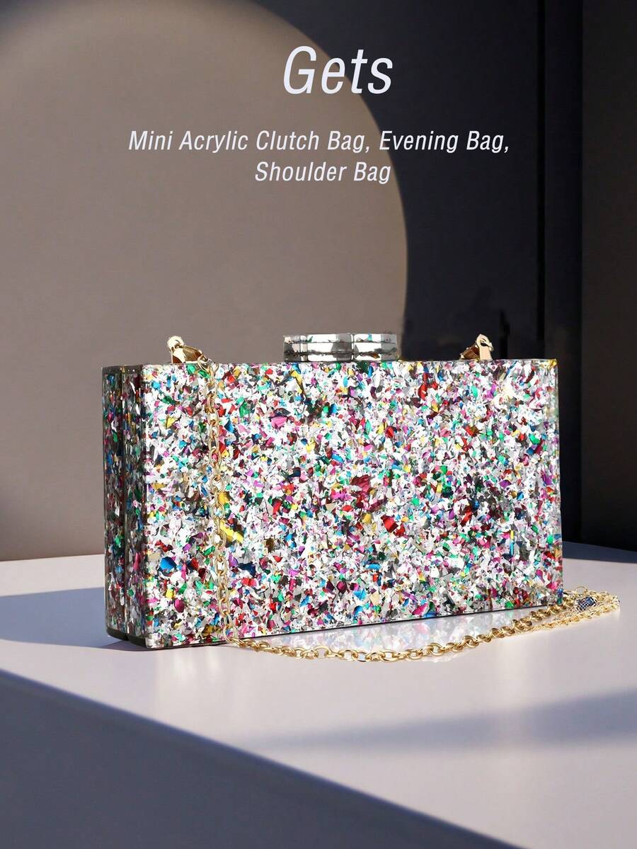 Gets Acrylic Women's Mini Handbags And Clutches Multi-Colored Acrylic Geometric Pattern Box-Shaped Clutch Evening Sling Bags, Handbags,Charming And Sophisticated Small Handbag, Colorful Shoulder Bag And Clutch, Women's Christmas And Halloween Holiday Edition - 銀色 - 查看 1
