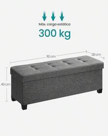 SONGMICS Puff Almancenaje, Banco Almacenaje, 38 x 110 x 40 cm, Taburete con Reposapiés, para Salón, Dormitorio, Gris Oscuro MLSF018G01 - negro - Ver 3