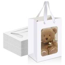 Set de 5/10 piezas de bolsas de papel Kraft con ventana en marrón, blanco, negro y rosa para regalo, bolsa de cumpleaños, bolsa de fiesta, bolsa de papel para embalaje exterior, bolsa de papel con soporte, suministros para fiestas, bodas, cumpleaños, decoración de fiestas, novia, despedida de soltero, dama de honor, regalo para nueva madre