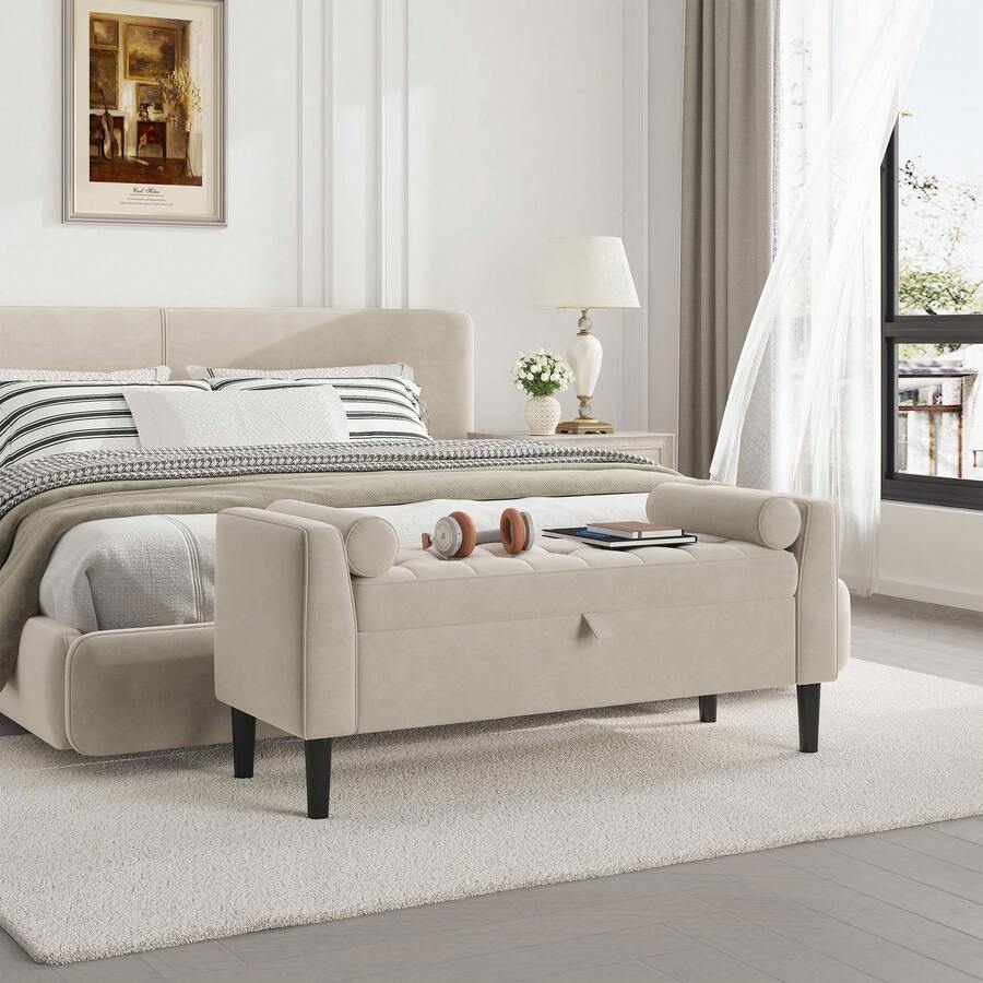46.5" Storage Ottoman Bench,Entryway Shoe Bench,Upholstered End-Of-Bed Storage Chest,Footrest Seat,Storage Stool With Rolled Armrests & Wood Legs For Hallway,Bedroom, Living Room & Cloakroom - 米色 - 查看 1