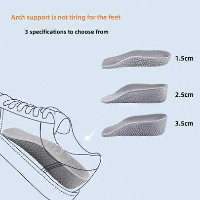 1 para wygodnych wkładek podtrzymujących łuk stopy z 3 opcjami wysokości (1,5/2,5/3,5 cm) – konstrukcja nie powodująca zmęczenia, idealna do noszenia przez cały dzień