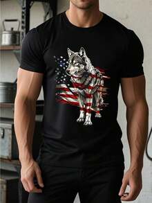 Men's casual T-shirts 250g pure cotton thick and comfortable Patriotic Wolf American Flag Graphic Tee - Negro - Ver 1