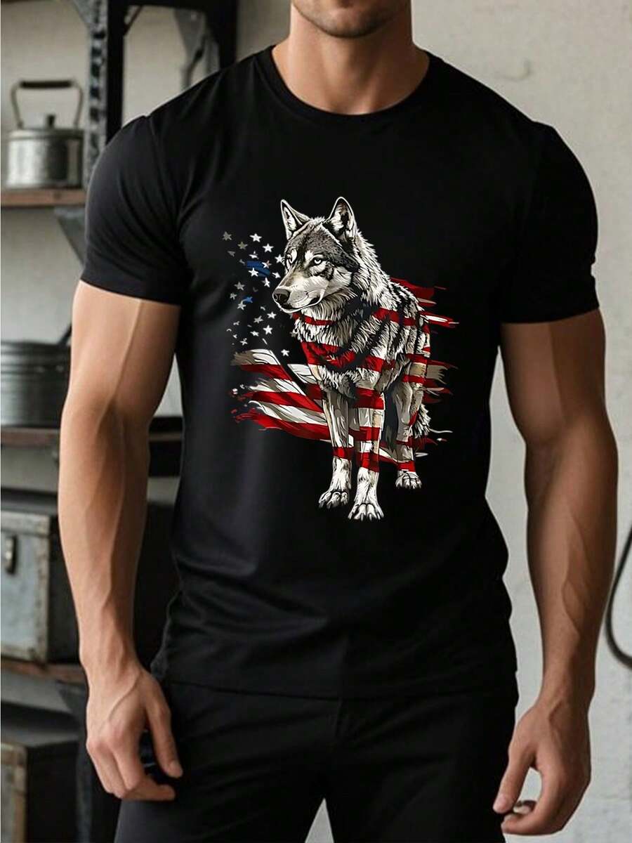 Men's casual T-shirts 250g pure cotton thick and comfortable Patriotic Wolf American Flag Graphic Tee - Negro - Ver 1