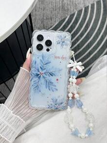 Carcasă de telefon anti-cădere din TPU, minimalistă, pictată cu model fulg de zăpadă, cu margini ondulate, împletite și accesoriu pentru brățară cu mărgele lucrate manual, compatibilă cu iPhone 17Pro/17Air/17/17ProMax 16/11/16Pro/16Plus/16ProMax/16E/15ProMax/13/14/12/XS/XR/7G/8PXR/7/8, pictată pentru iPhone 15ProMax, 13, 14, carcasă moale, P12, anti-cădere X, carcasă moale anti-cădere din TPU pictată 12/14