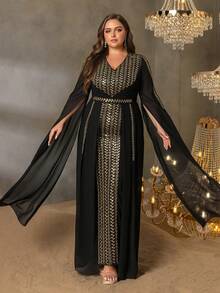 Faeriesty فستان سهرة رسمي أنيق للمقاسات الكبيرة مع ياقة على شكل حرف V رقيقة، مزين بترتر ذهبي على كامل الفستان، وأكمام طويلة جداً مثيرة للاهتمام، قصة مطرية مع إغلاق سحاب خلفي لمظهر راقي، مثالي لحفلات السجادة الحمراء، حفلات الزفاف، سهرات السوبرا، وعشاء الخيرية الفاخرة