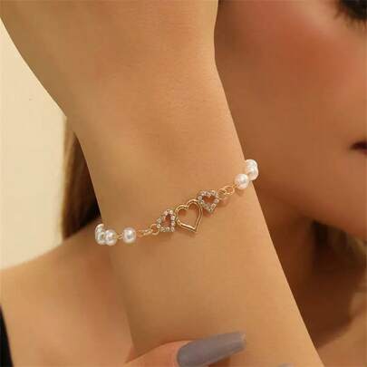 1pc Fashionable Metallic Heart & Pearl Decor Bracelet, Elegant & Minimalist Design