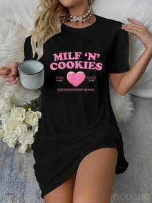 MILFs Meme 'N' Cookies Love Home Made Baked Fresh Keep You Coming Dress Pajamas Sleepdress Nightshirt - 黑色 - 查看 1