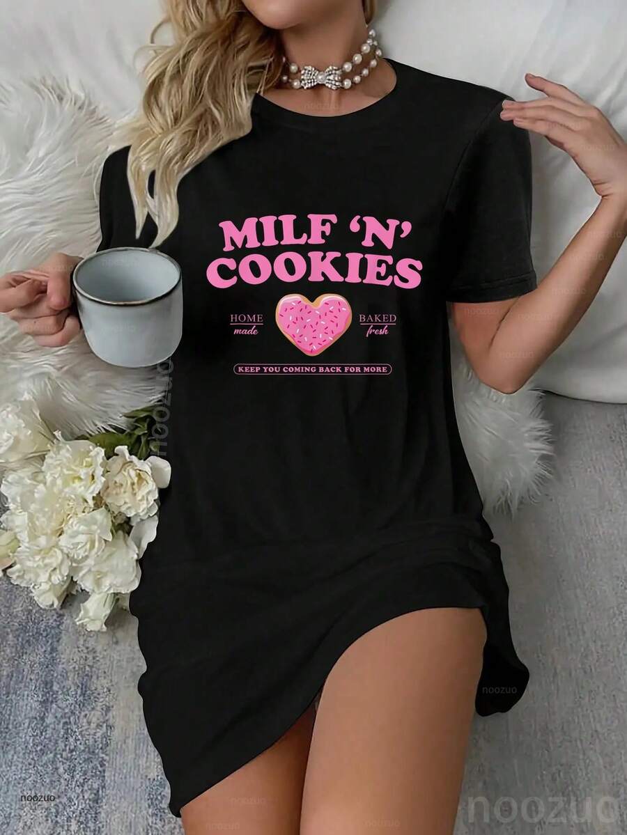 MILFs Meme 'N' Cookies Love Home Made Baked Fresh Keep You Coming Dress Pajamas Sleepdress Nightshirt - 黑色 - 查看 1