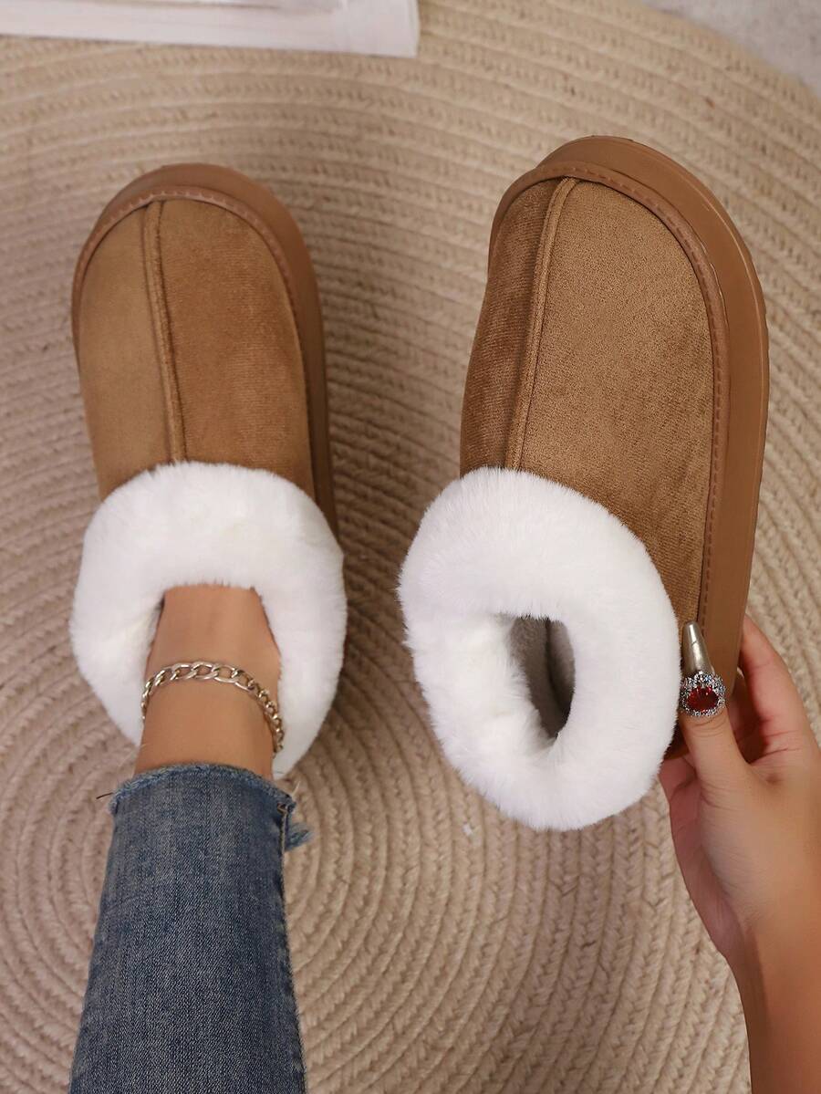 Autumn/Winter Fashion Casual Solid Color Plush Lining Patchwork Slip-On Slippers, Thick Sole Warm Boots For Women, Suitable For Living Room, Bedroom, Office, Black, Christmas