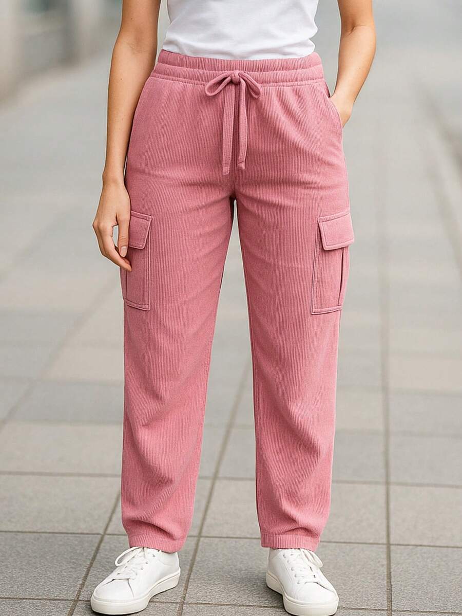 Pantalón Cargo Mujer de Pana con Cintura Elástica y Bolsillos Laterales - Rosa - Ver 1