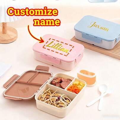 Customized Name Portable Bento Box,Triple Grid Style Lunch Box, Built In Utensils Fork Spoon,Meal Prep Container With Triple Sided Buckle Design ,Flip Top Lid For Organized Meals,Ideal For Work School And On The Go ,Space Saving Stylish,Adorable,Colorful Custom,Personalized,Unique Ideal Gifts For Her Friends,Son,Daughter,School Students,Workers,School,Home,Office.