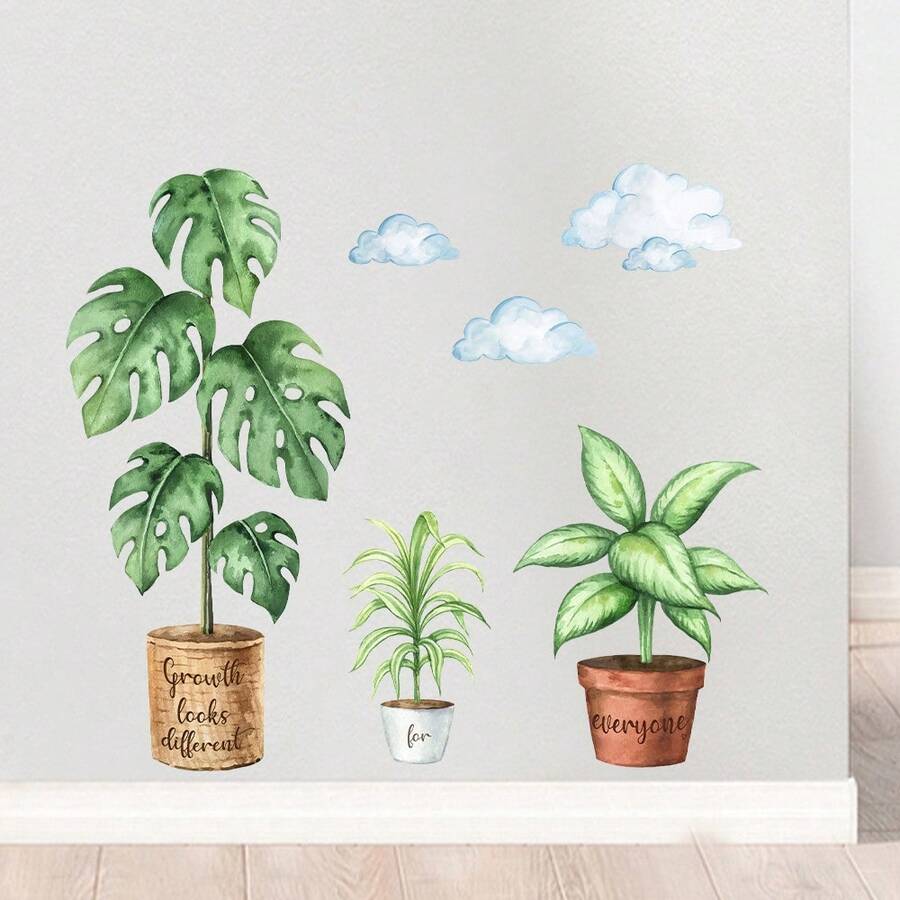 Autocollants muraux de plantes vertes en pot à l'aquarelle, autocollants muraux décoratifs en PVC amovibles à grandes feuilles vertes, décoration murale de nuages, décoration de printemps pour la maison, la chambre à coucher, le salon, l'arrière-plan TV, le bureau, la salle de classe, décoration murale
