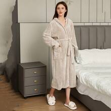 1pc Coral Fleece Soft Absorbent Hooded Bath Robe, Loungewear, Sleepwear Back To School - Pink - View 13