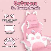 Pink Gaming Chair | Cat Ears, Cat Paw Cushion Pillow, Footrest, Ergonomic, Kawaii, Reclining | Girl,Halloween Decor - hồng + trắng - Xem 3