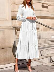 Womens Fall Maxi Dresses Casual Long Sleeve V Neck Button Down Flowy A Line Tiered Shirt Dress With Pockets - trắng - Xem 4
