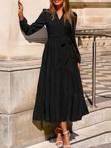 Womens Fall Maxi Dresses Casual Long Sleeve V Neck Button Down Flowy A Line Tiered Shirt Dress With Pockets - Black - View 3