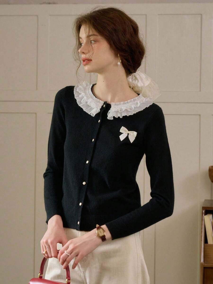 Simple Retro 女士撞色缝线蝴蝶结圆领开衫 - 黑色 - 查看 1