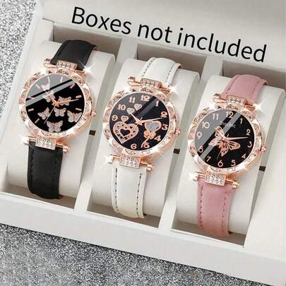 三件套女孩时尚优雅经典圆形石英表，指针式显示，特别适合学生佩戴。非常适合日常佩戴，例如返校、聚会和旅行。这款手表也是送给朋友、生日和毕业季的理想礼物。它是送给女孩的完美礼物，也是送给妈妈的绝佳选择。