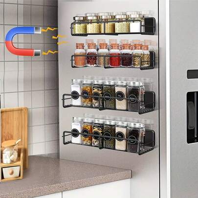 Estante magnético para especias para refrigerador, organizador de almacenamiento de condimentos de cocina, estante magnético para especias con súper imán, estante de metal para refrigerador con ganchos, ahorro de espacio para utensilios de cocina y especias (Negro, 1/2 piezas)