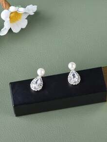 BALMORA 1對簡約風格S925銀鍍金珍珠耳釘，優雅鋯石，高端設計耳飾 - 銀色 - 查看 9