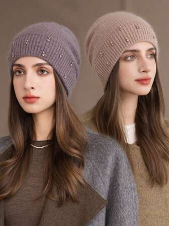 1 件女士保暖双层针织帽，时尚珍珠头带耳罩式毛线帽，冬季妈妈厚针织帽