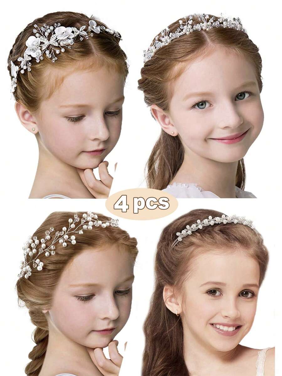 1 pieza Tocado de niña de las flores, Tocado de boda plateado, Tocado de princesa con cristales y perlas, Adecuado para boda, cumpleaños, primera comunión, fotografía - Blanco - Ver 1