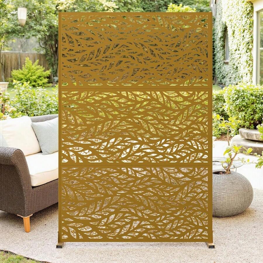 Metal Privacy Screen, Freestanding Decorative Privacy Screen With Stand, Outdoor Privacy Fence Panels For Deck Balcony Patio - Green Leaf Pattern-brown - View 1