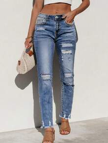 Women Straight Leg Distressed Hem Pocket Detail Casual Denim Jeans - Medium Wash - View 1