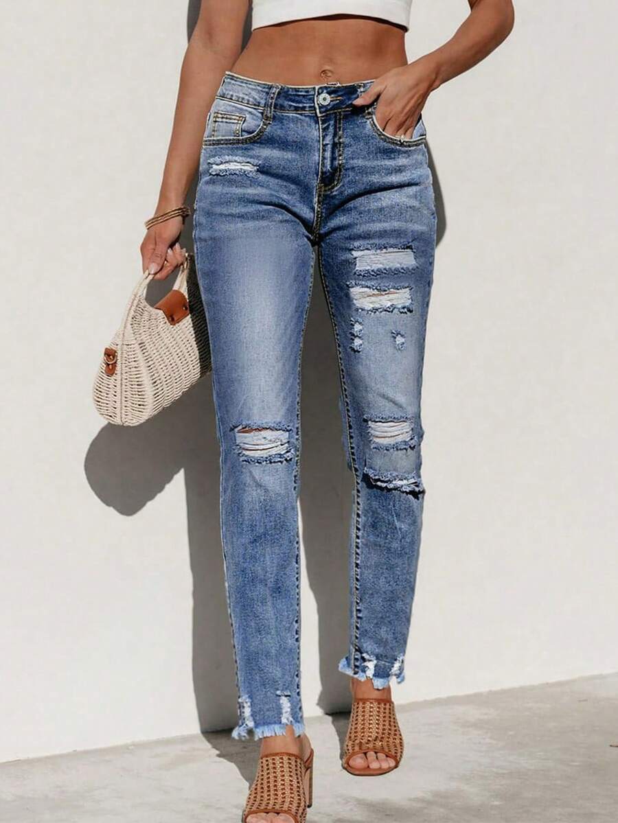 Women Straight Leg Distressed Hem Pocket Detail Casual Denim Jeans - Medium Wash - View 1