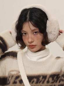 1 pieza Orejera de invierno con piel de conejo sintética, orejeras plegables forradas de felpa cálida, a prueba de viento y plegables