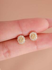 1 Pair Classic Vintage Style Virgin Mary Sparkling Cubic Zirconia Stud Earrings, Gold Plated, Suitable For Women's Engagement/Wedding Decoration, Casual Daily Wear
