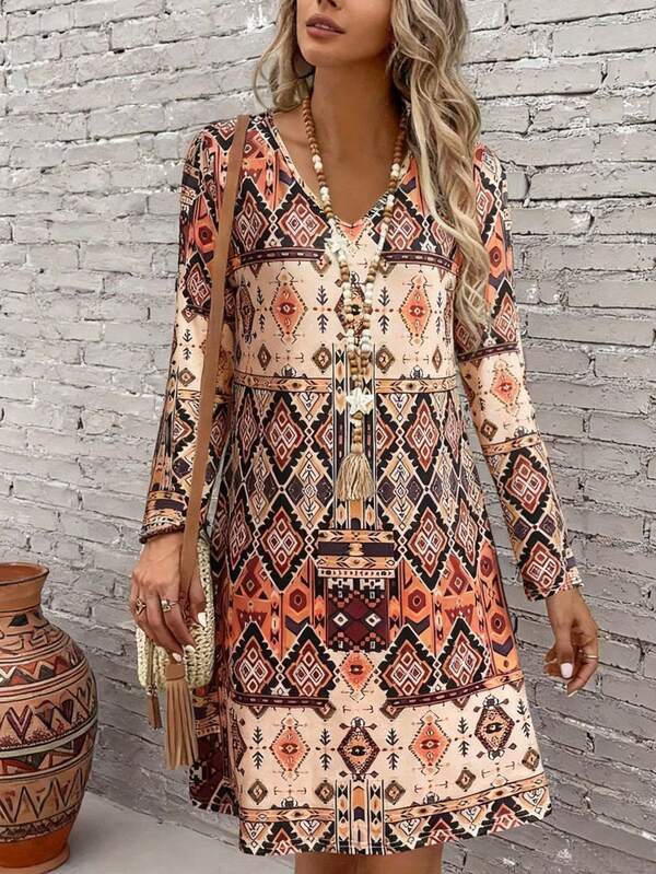 YI XUAN Plus Size Women's All-Over Print Long Sleeve Dress For Women, Women's Custom V-Neck Long Sleeve Dress - Casual Summer And Fall Day Dress, Flowy Vacation Outfit, Loose Fit Fall/Summer Dress For Daily Wear