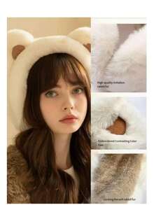 女士保暖耳罩，可爱卡通熊耳设计，毛绒耳套，防寒 - 白色撞色 - 查看 4