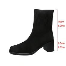 Western Style British Thick Heel Short Boots For Women, Slim Fit Boots In Brown & Black Color, Square Toe High Heel Knit Elastic Ankle Boots, Autumn/Winter